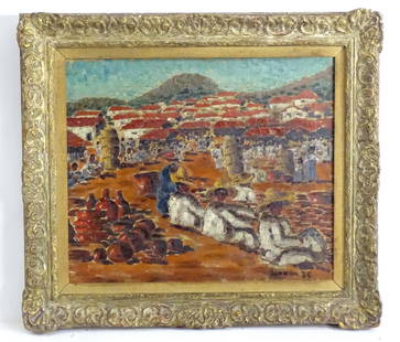 John Deakin (1912-1972), Oil on canvas, A Mexican village with figures in a market square selling: John Deakin (1912-1972), Oil on canvas, A Mexican village with figures in a market square selling their wares. Signed and dated (19)35 lower right. Approx. 16" x 19"John Deakin was an accomplished