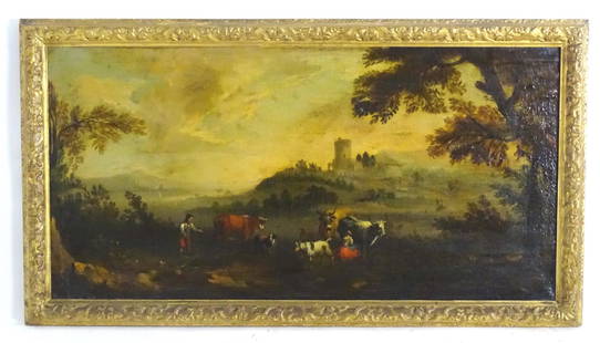 18th century, Continental School, Oil on canvas, An Old Master style bucolic landscape scene with: 18th century, Continental School, Oil on canvas, An Old Master style bucolic landscape scene with figures attending animals by a river with hilltop castle beyond. Within a period carved wooden frame.