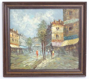 Caroline Burnett (1877-1950), Oil on canvas, A French street scene with figures. Signed lower right.: Caroline Burnett (1877-1950), Oil on canvas, A French street scene with figures. Signed lower right. Approx. 20 1/2" x 23 1/2"