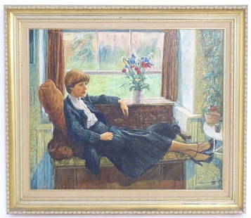 Paul Taggart, 20th century, Oil on board, At Home, An interior scene with a lady resting.: Paul Taggart, 20th century, Oil on board, At Home, An interior scene with a lady resting. Monogrammed lower right. Approx. 19 1/2" x 23 1/2"