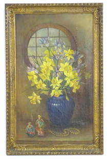 Early 20th century, English School, Oil on canvas, A still life study with daffodils and irises in a: Early 20th century, English School, Oil on canvas, A still life study with daffodils and irises in a blue vase, a necklace and two Oriental figures, with a circular window behind. Signed with