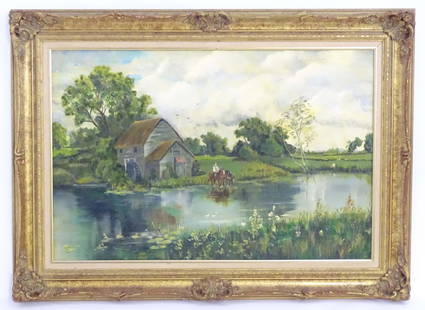 20th century, English School, Oil on board, A landscape scene with a farmer watering horses near a: 20th century, English School, Oil on board, A landscape scene with a farmer watering horses near a water mill. Approx. 19 1/2" x 29 1/2"