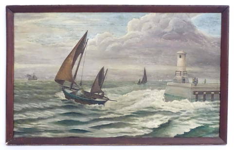 Early 20th century, Oil on canvas, Marine School, A seascape with sailing / fishing boats and: Early 20th century, Oil on canvas, Marine School, A seascape with sailing / fishing boats and figures on the pier near a lighthouse. Approx. 21 1/2" x 29 1/2"