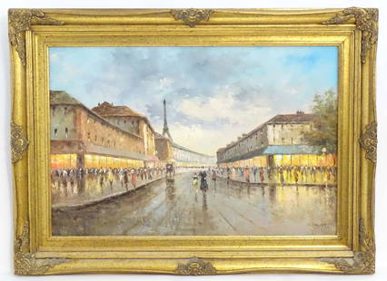 D. Palsey, 20th century, Oil on canvas, A Parisian street scene with figures and a view of the: D. Palsey, 20th century, Oil on canvas, A Parisian street scene with figures and a view of the Eiffel Tower. Signed lower right. Approx. 19 3/4" x 29 1/2"