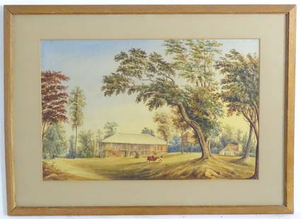 19th century, Watercolour, A Colonial East Asian view of houses with a native figure and an animal: 19th century, Watercolour, A Colonial East Asian view of houses with a native figure and an animal in a landscape, possibly Singapore / India. Signed with initials A W M K, lower left, c. 1860.