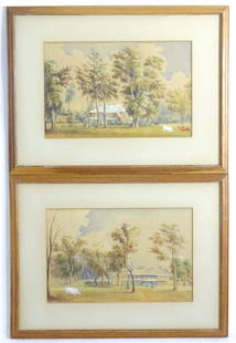 19th century, Topographical School, Watercolours, A Colonial East Asian view of a house with animals: 19th century, Topographical School, Watercolours, A Colonial East Asian view of a house with animals grazing, possibly Singapore / India. Together with a similar view. Both signed with initials A W M