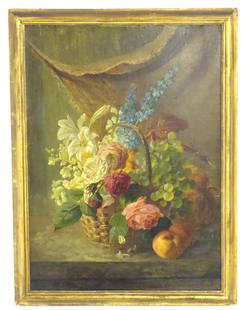 E. L. Brooke, 19th century, Oil on canvas, A still life study with flowers in a basket, grapes,: E. L. Brooke, 19th century, Oil on canvas, A still life study with flowers in a basket, grapes, apples and a pumpkin. Signed lower left. Approx. 25 1/2" x 18 1/2"