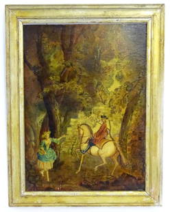 19th century, Continental school, Oil on board, A wooded scene with two figures in 18th century: 19th century, Continental school, Oil on board, A wooded scene with two figures in 18th century dress, a gentleman on horseback with a sword and a young lady offering him fruit from her basket.