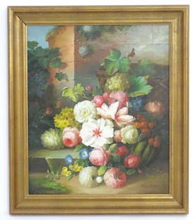 Thomas Webster, 20th century, Oil on board, A still life study with summer flowers in bloom with: Thomas Webster, 20th century, Oil on board, A still life study with summer flowers in bloom with grapes, vegetables and butterflies. Signed lower right. Approx. 23 1/4" x 19 3/4"