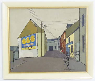 Albany Wiseman (1930-2021), Oil on board, Kinsale, Cork, Ireland, A street scene with bicycles.: Albany Wiseman (1930-2021), Oil on board, Kinsale, Cork, Ireland, A street scene with bicycles. Signed lower right and titled verso. Approx. 19 1/2" x 23 1/2"