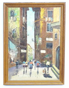 Sarti, 20th century, Continental School, Oil on canvas, An Italian street scene with figures passing: Sarti, 20th century, Continental School, Oil on canvas, An Italian street scene with figures passing a bread oven. Signed lower left. Approx. 27 1/2" x 19 3/4"