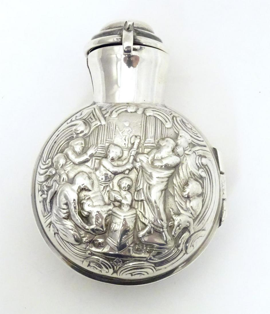 A Victorian silver scent / salts bottle cover / sleeve with embossed biblical scene depicting (1 of 8)