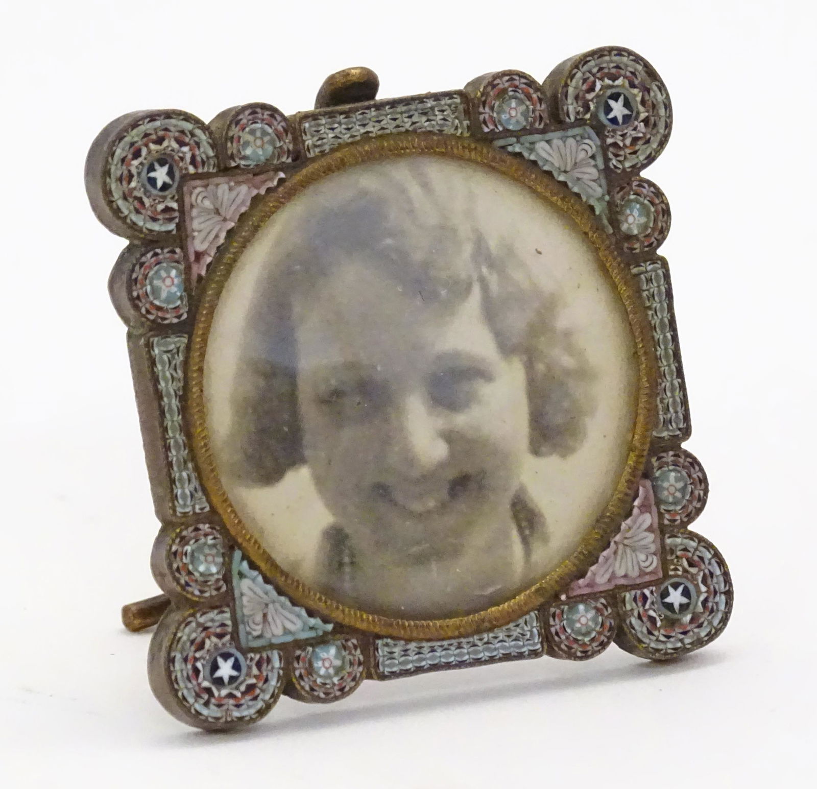 A 19thC small photograph frame with micro mosaic decoration. Approx. 1 1/2" x 1 1/2" (1 of 7)