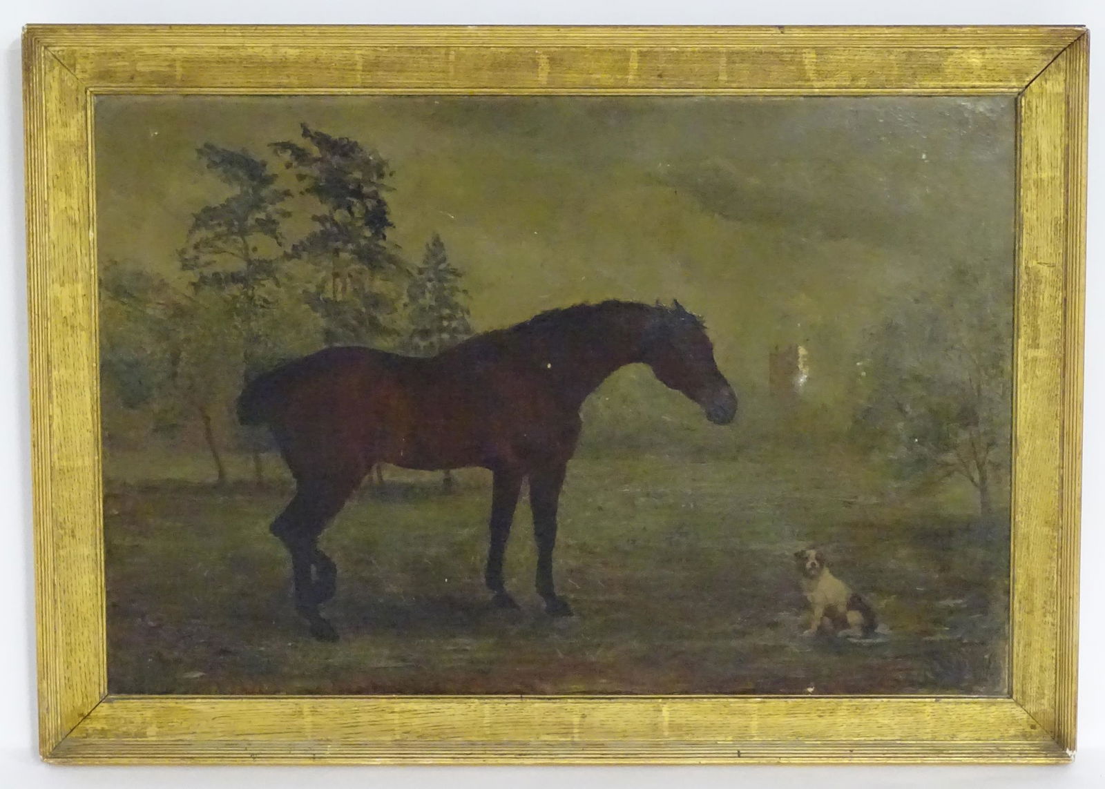 Manner of James Ward (1769-1859), 19th century, Oil on canvas, A portrait of a horse and a dog in a: Manner of James Ward (1769-1859), 19th century, Oil on canvas, A portrait of a horse and a dog in a landscape with a church tower beyond. Approx. 19 3/4" x 29 3/4"