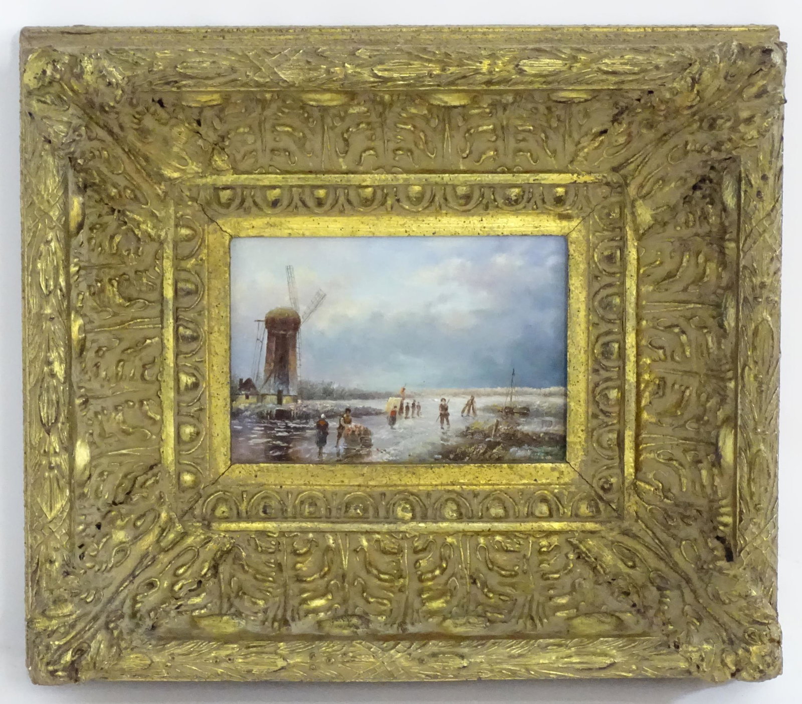 Manner of Joseph Paul (1804-1887), Oil on panel, A Dutch landscape scene with figures on the frozen (1 of 5)