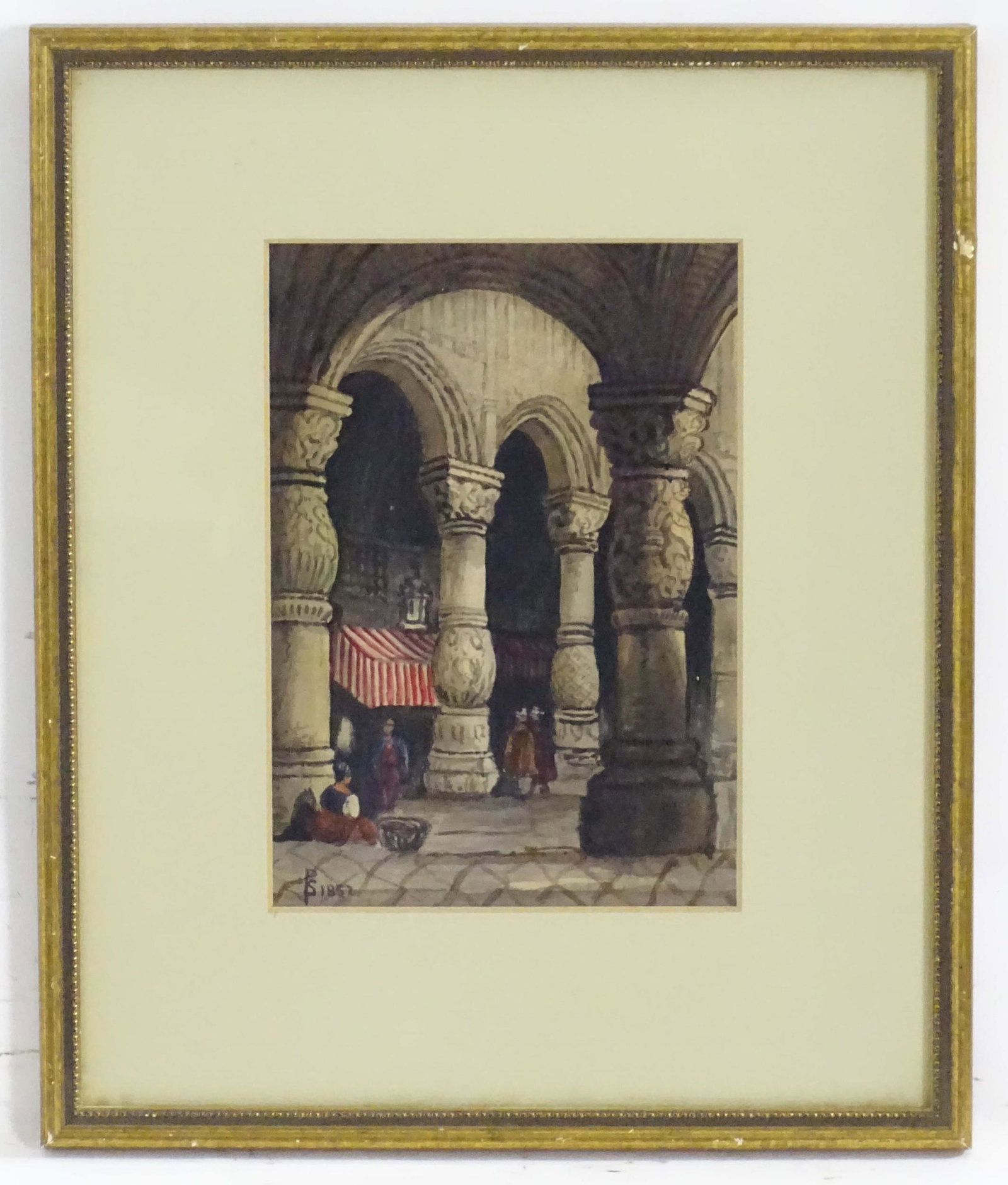 Samuel Prout (1783-1832), Watercolour, Liege, Figures in the courtyard of the Bishop. Monogrammed: Samuel Prout (1783-1832), Watercolour, Liege, Figures in the courtyard of the Bishop. Monogrammed and dated 1832 lower left. Approx. 7 1/2" x 5 1/4"
