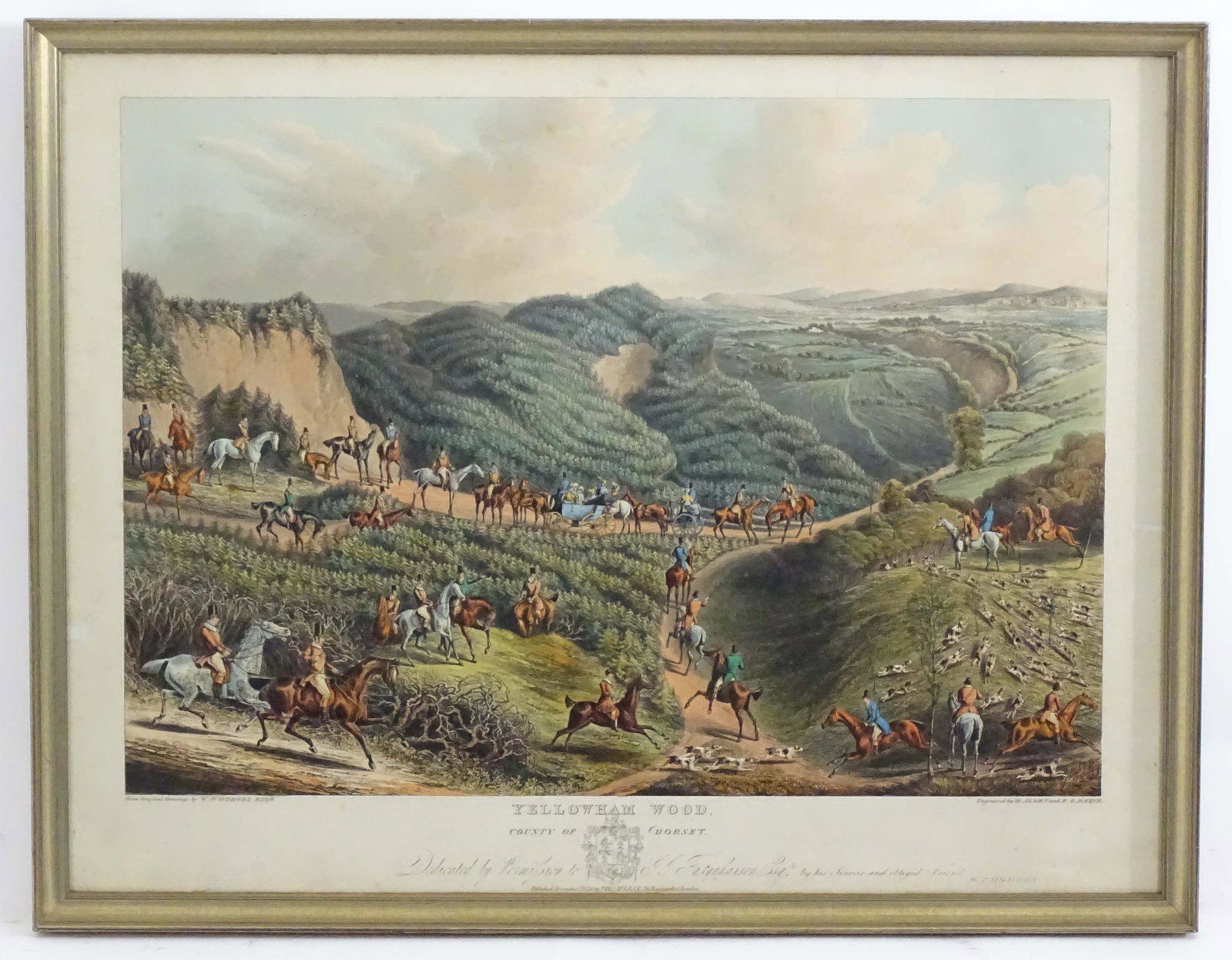 Henry Thomas Alken and Richard Gilson Reeve after Walter Parry Hodges, 19th century, Hand coloured: Henry Thomas Alken and Richard Gilson Reeve after Walter Parry Hodges, 19th century, Hand coloured engraving, Yellowham Wood, County of Dorset, depicting riders and hounds in a vast landscape. Titled
