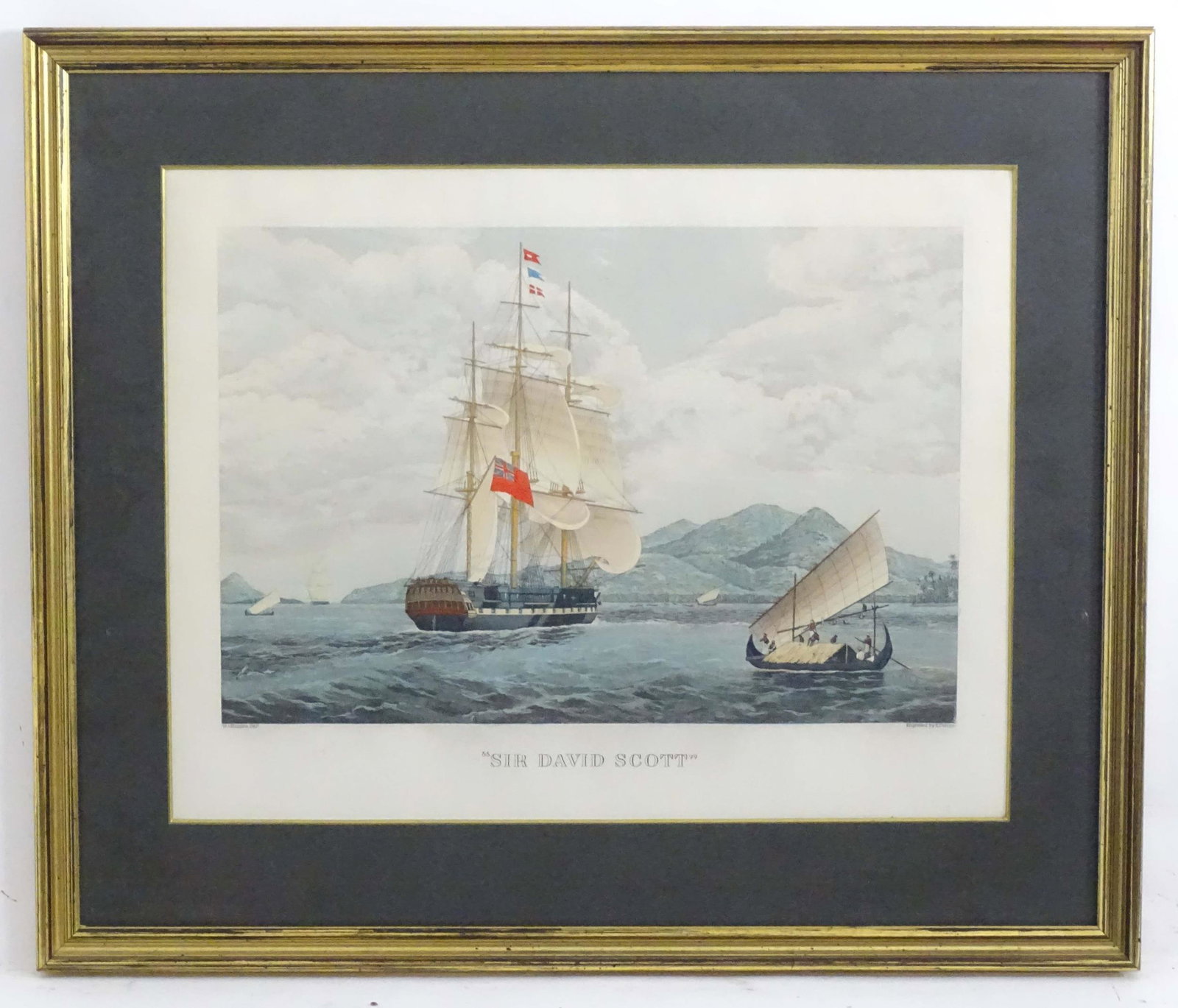 Edward Duncan (1803-1882), after William John Huggins, 19th century, Hand coloured engraving, Sir: Edward Duncan (1803-1882), after William John Huggins, 19th century, Hand coloured engraving, Sir David Scott, depicting ships and boats off the coast. Titled under. Approx. 12 1/4" x 18"