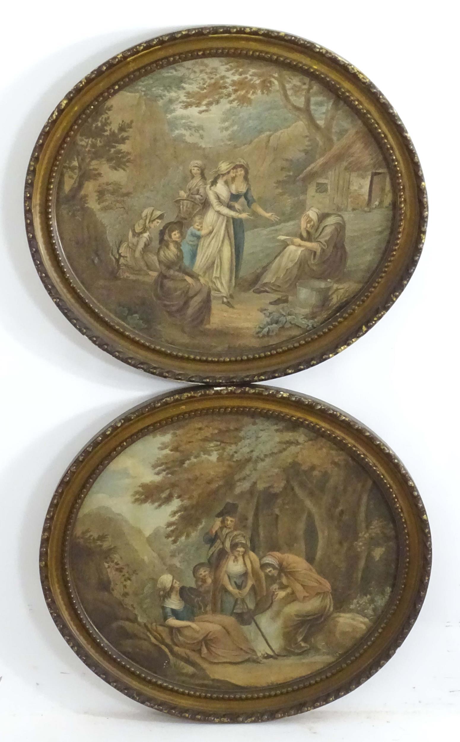 Francesco Bartolozzi (1728-1815) after Emma Crewe, 18th century, Two hand coloured engravings,: Francesco Bartolozzi (1728-1815) after Emma Crewe, 18th century, Two hand coloured engravings, Fortuneteller, and Gypsies. Titled verso. Approx. 12" x 13 3/4" (2)