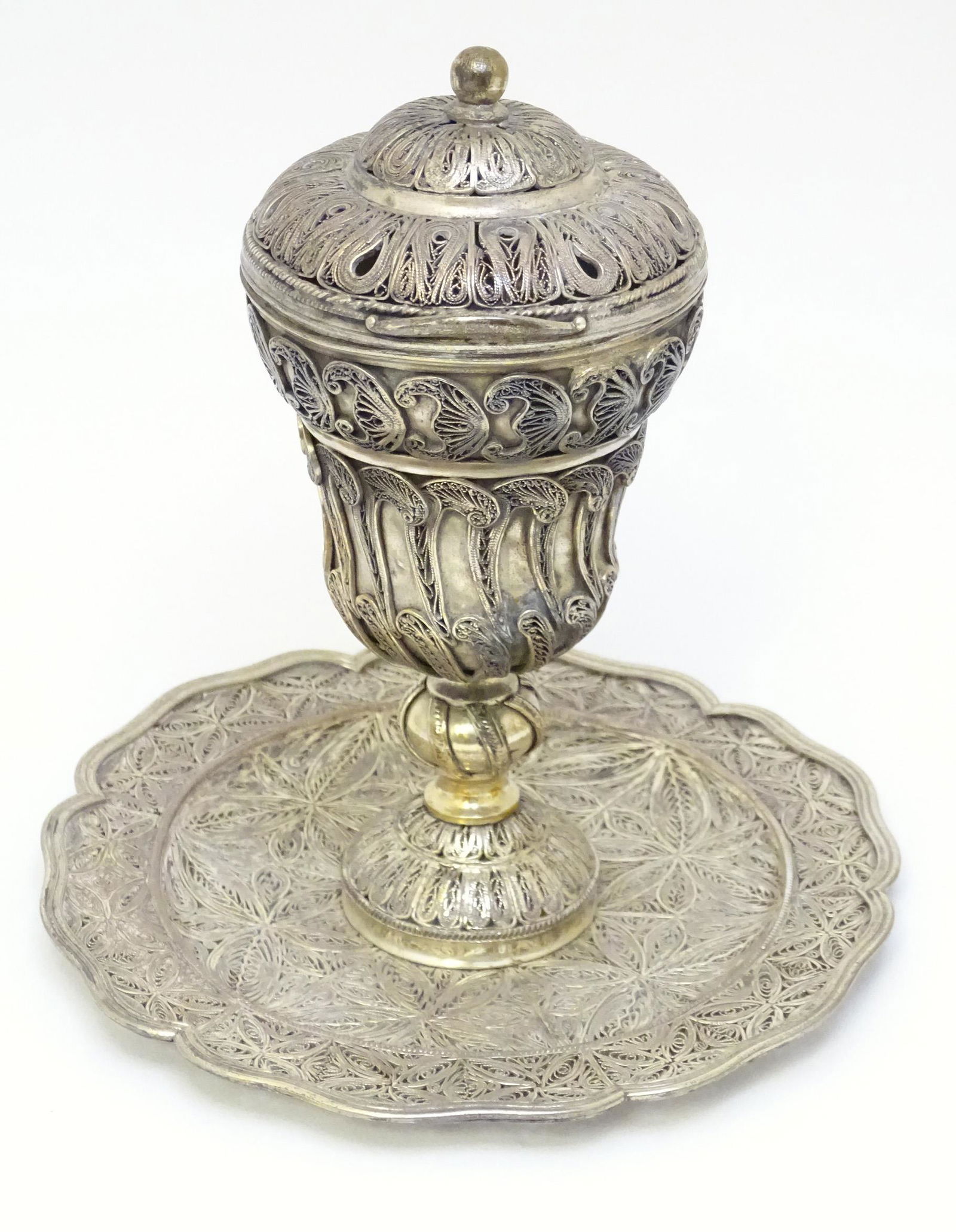 A silver plate and white metal pedestal incense burner on a circular base with filigree style (1 of 7)