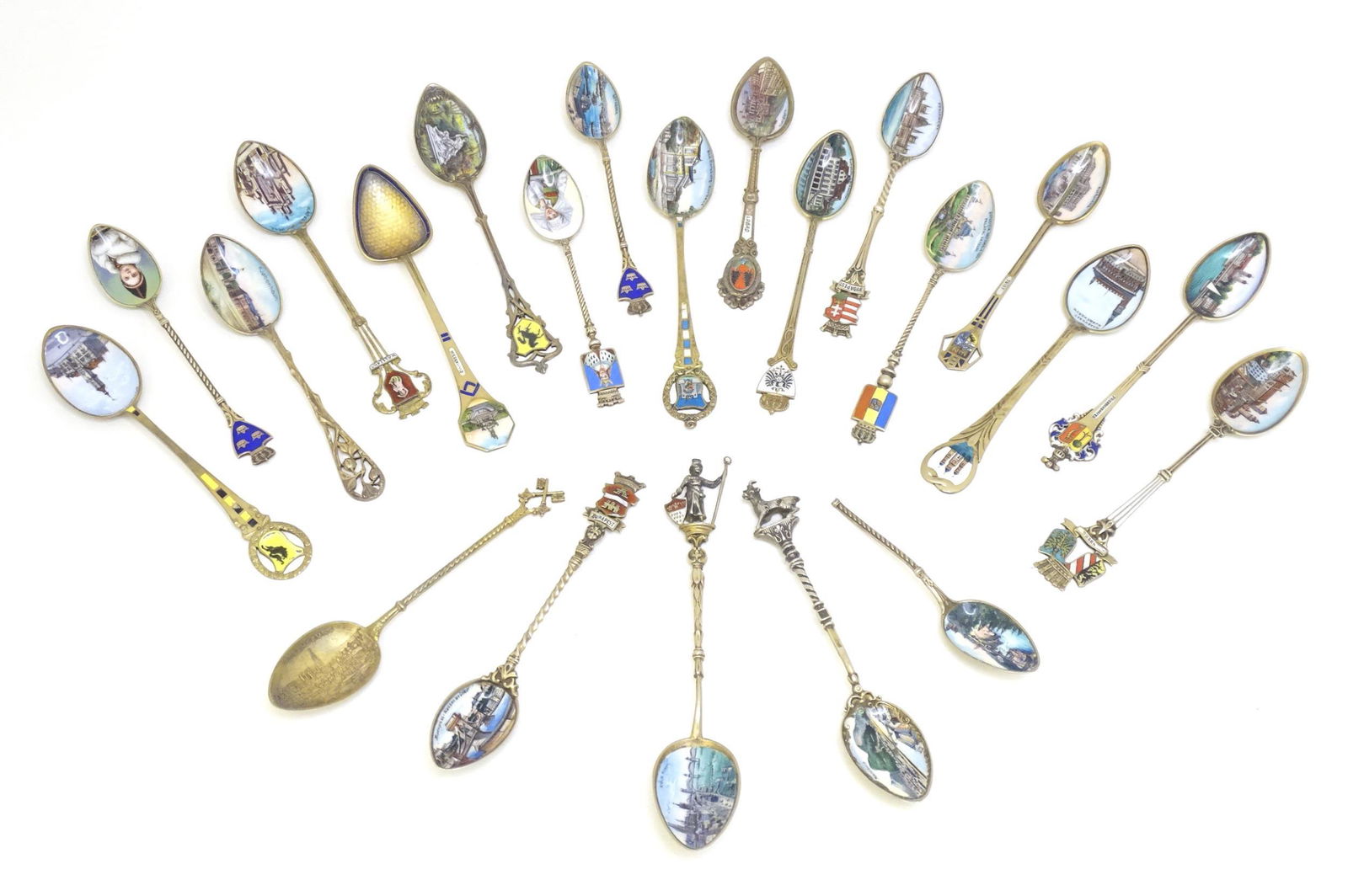 22 Continental .800/.835 silver gilt souvenir teaspoon. Many with enamel decoration. Approx. 5" long (1 of 20)