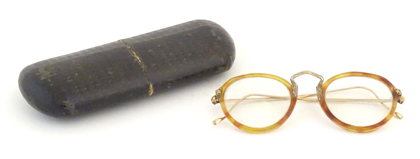 A cased pair of c1940s bifocal spectacles / glasses, with faux tortoiseshell and gilt metal frames, (1 of 11)