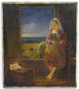 William Mulready (1786-1863), Oil on canvas, An interior scene with a lady watching over a sleeping: William Mulready (1786-1863), Oil on canvas, An interior scene with a lady watching over a sleeping baby with a sea view beyond. Signed lower right. Approx. 15 1/2" x 13 1/2"