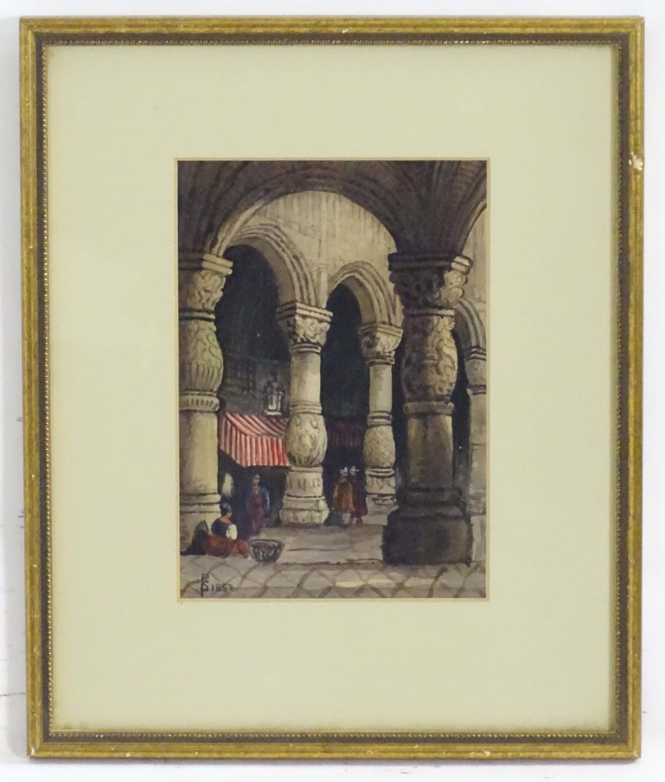Manner of Samuel Prout (1783-1852), 19th century, Watercolour, Liege, Figures in the courtyard of: Manner of Samuel Prout (1783-1852), 19th century, Watercolour, Liege, Figures in the courtyard of the Bishop. Monogrammed and dated 1852 lower left. Approx. 7 1/2" x 5 1/4"