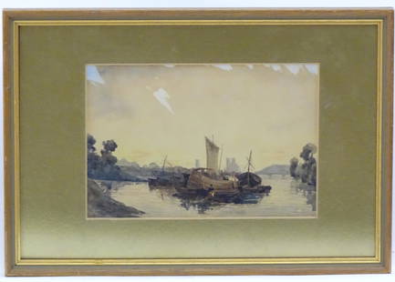 Manner of Peter de Wint (1784-1849), Watercolour, Moored fishing boats with a bridge and cathedral: Manner of Peter de Wint (1784-1849), Watercolour, Moored fishing boats with a bridge and cathedral beyond. Approx. 6" x 8 3/4"