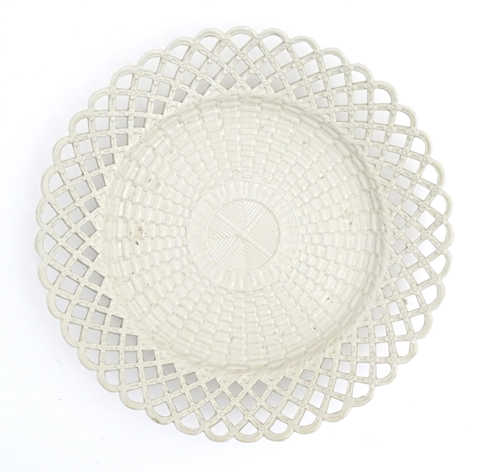 A 19thC creamware plate with basket weave decoration and a reticulated border. Approx. 10 1/4" (1 of 3)