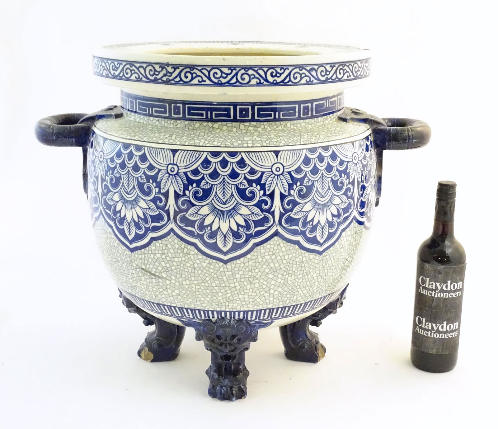 A large Victorian Minton blue and white jardiniere / planter with twin handles standing on four (1 of 9)