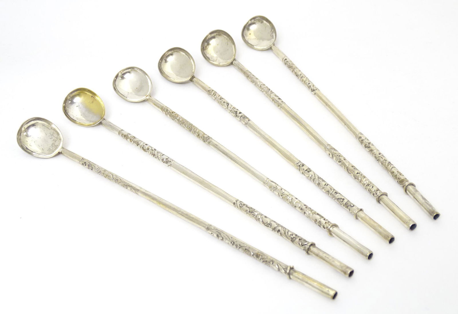 Six white metal cocktail mixing spoons / stirrers with straw stems. Approx. 8 1/2" long (6) (1 of 5)