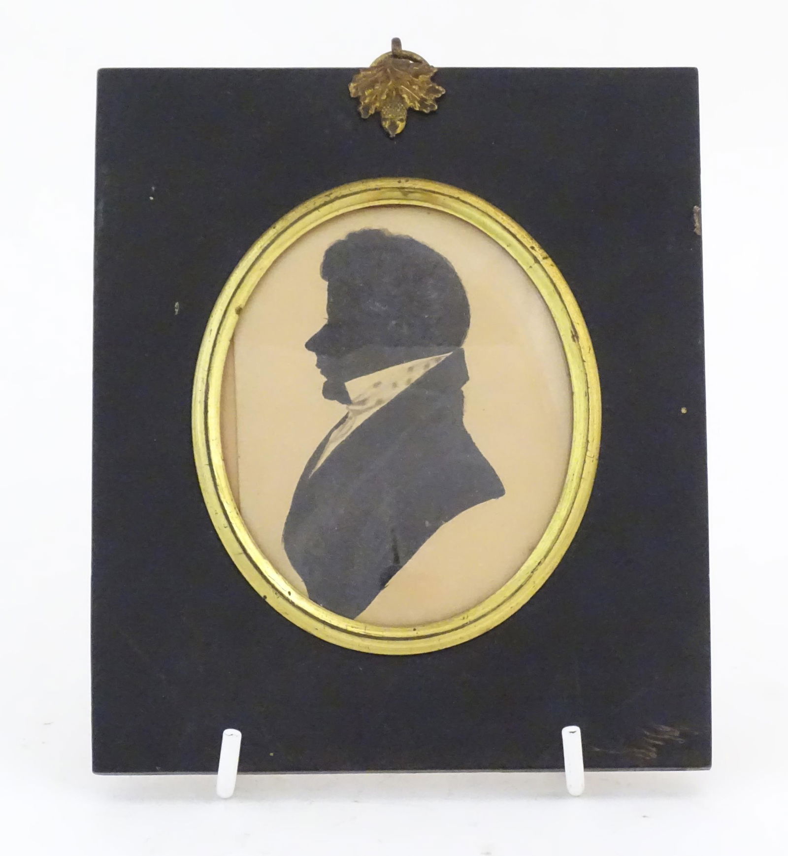 A 19thC watercolour miniature silhouette portrait of a gentleman. Portrait approx. 3 1/2" x 2 3/4" (1 of 5)