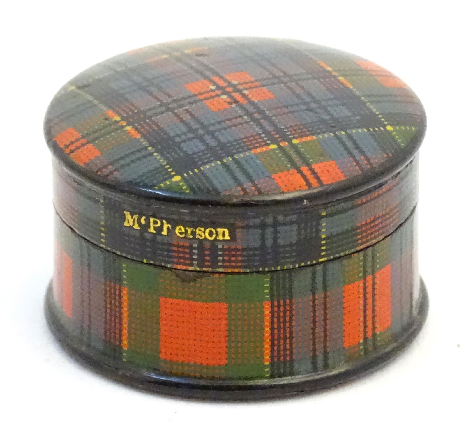 A 19thC Mauchline ware / McPherson tartan ware patch box of circular form. Approx. 3/4" high (1 of 8)