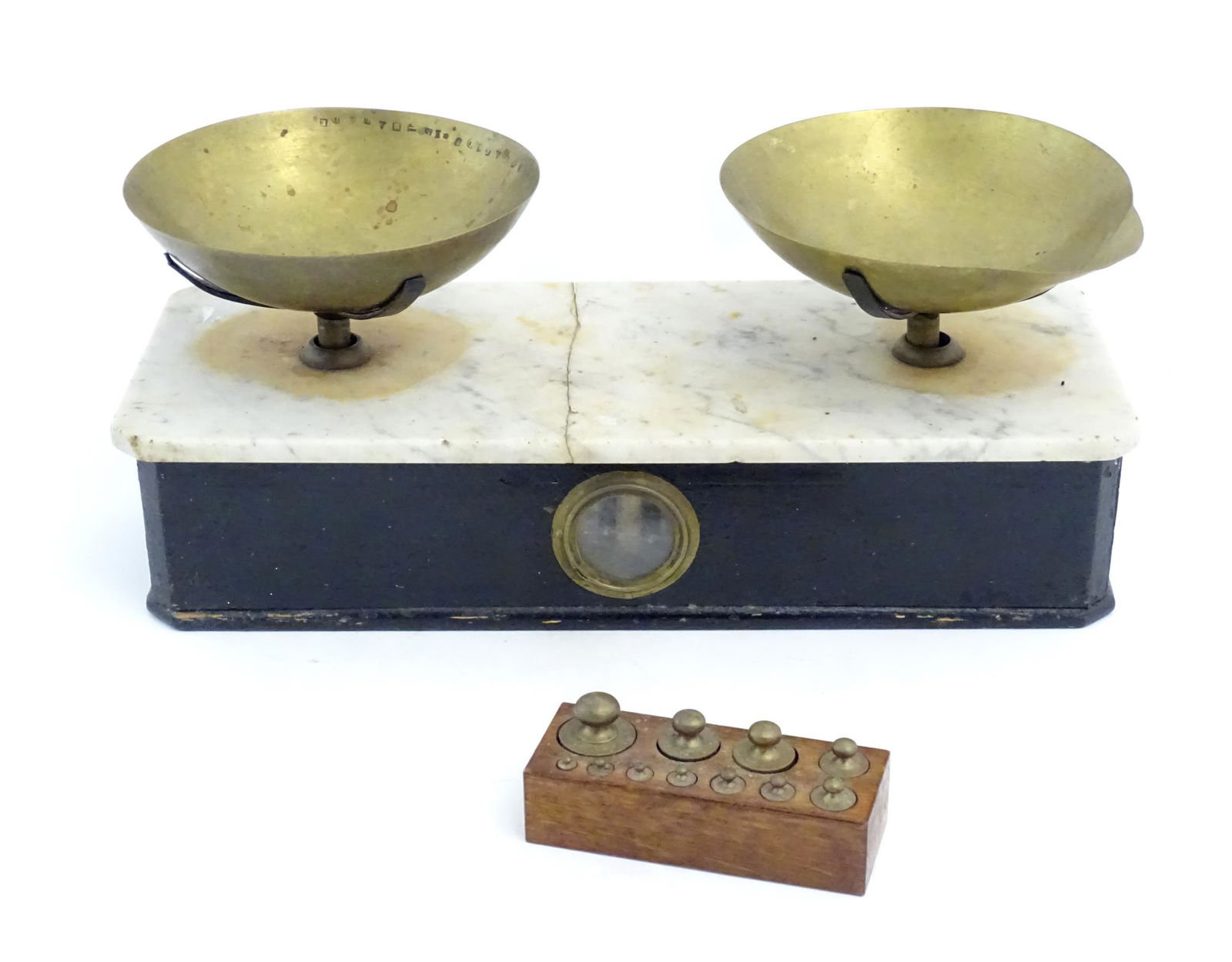 Late 19thC French apothecary balance scales with ebonised base and marble top, the base with brass (1 of 9)