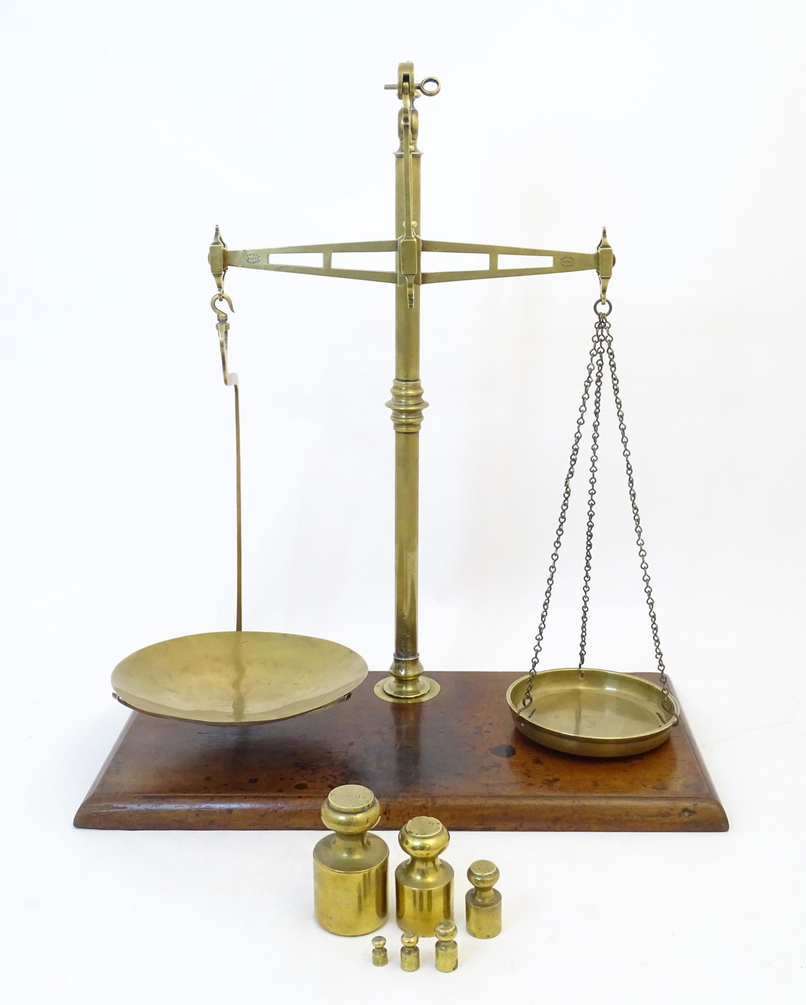 Victorian Bartlett & Son brass agate balance scales on a mahogany base, the beam and one pan marked (1 of 11)