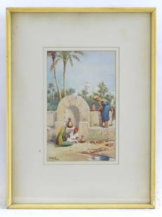 Henri Auguste Jaubert (1860-1936), French School, Watercolour, Moroccan figures in Tangier by a: Henri Auguste Jaubert (1860-1936), French School, Watercolour, Moroccan figures in Tangier by a well. Signed lower left. Approx. 9" x 5 1/2"