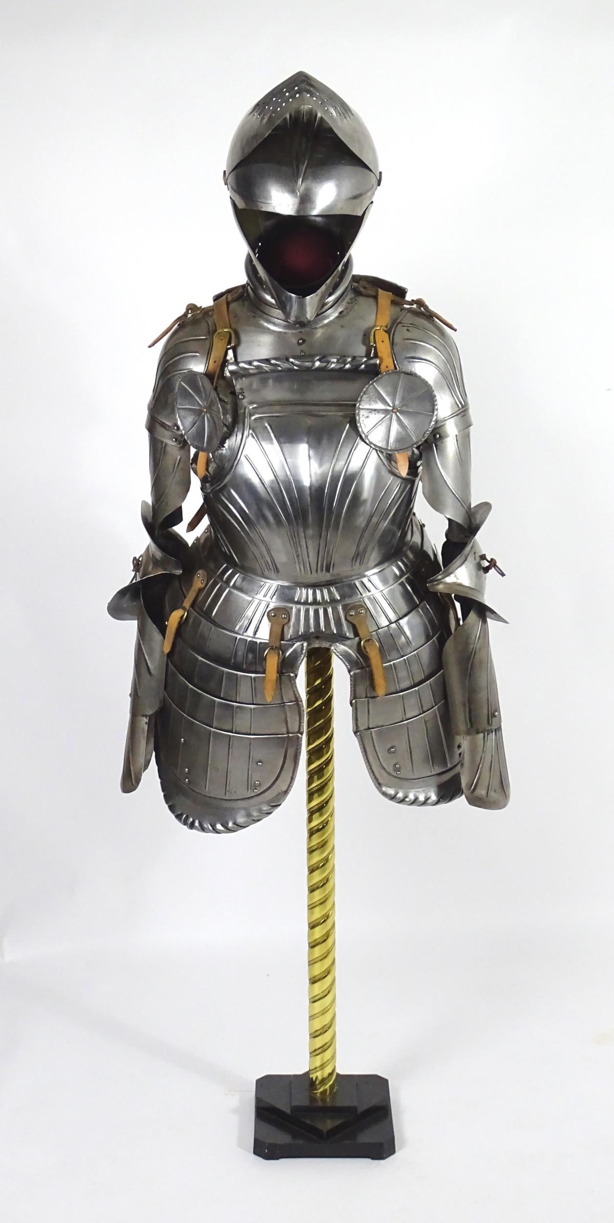 Militaria: a 20thC medieval style display half suit of armour, constructed from articulated steel (1 of 9)