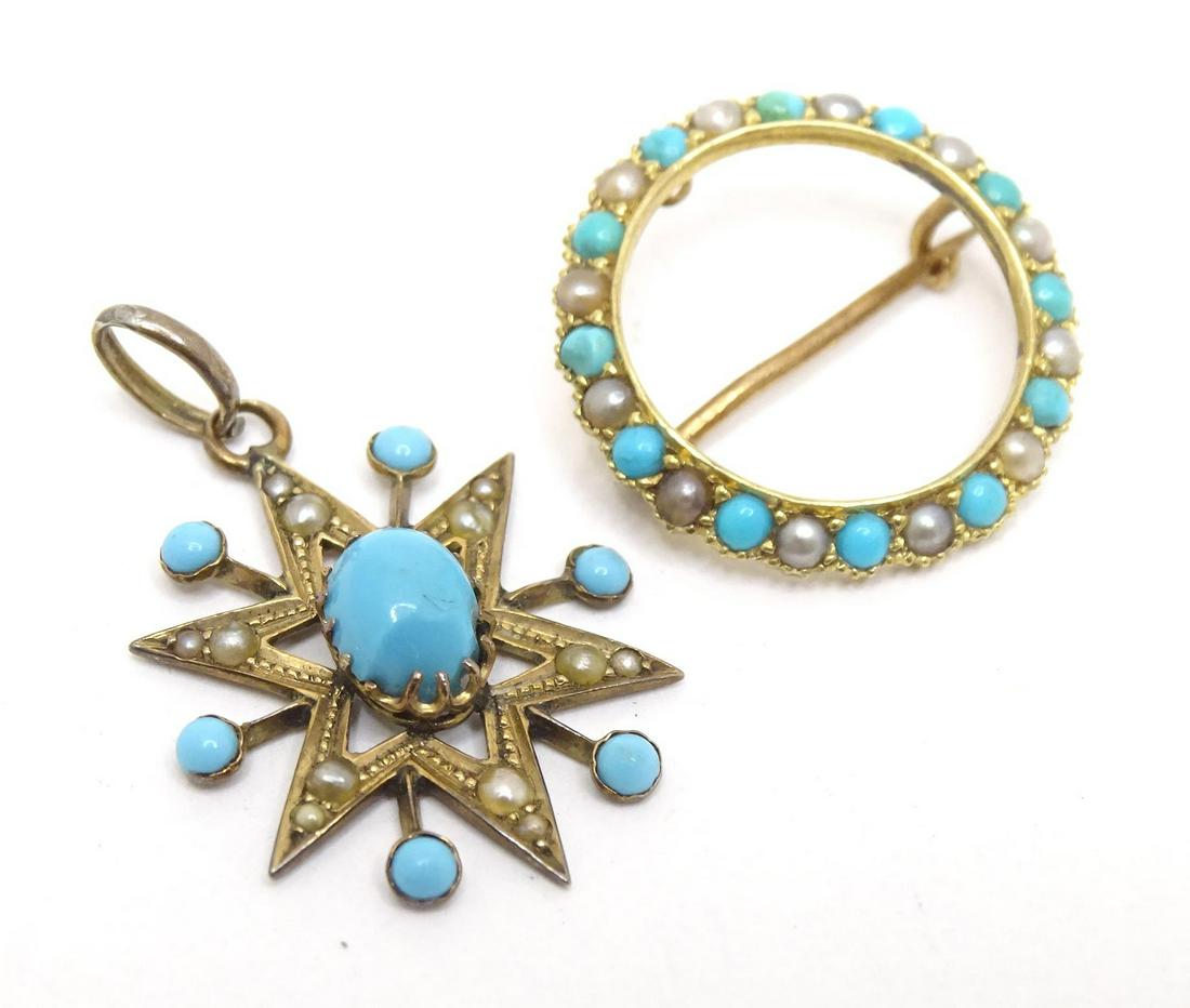 A 15ct gold brooch of circular form set with turquoise and seed pearl. Together with a 9ct gold (1 of 4)