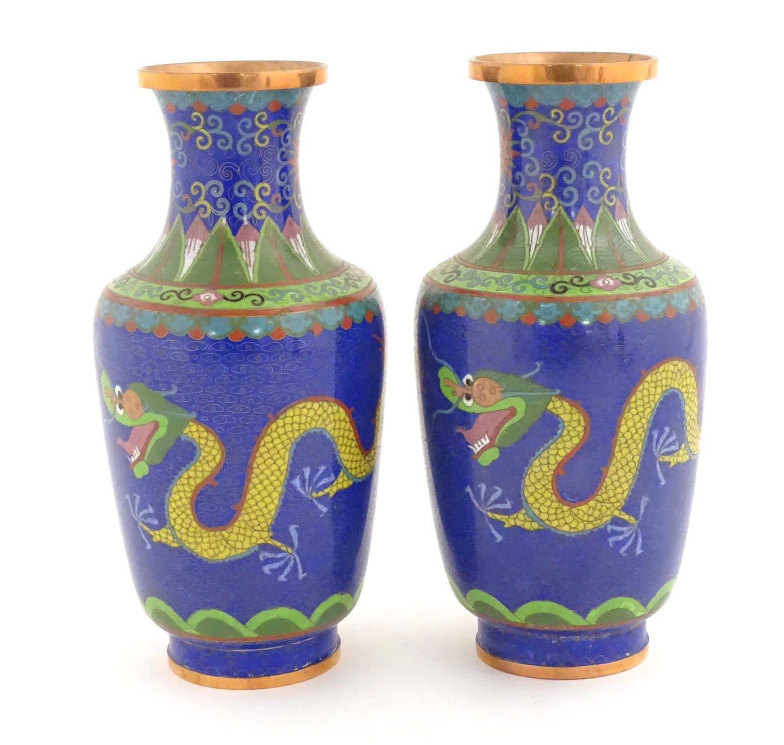 A pair of Oriental cloisonne vases decorated with two dragons and a flaming pearl amongst stylised (1 of 5)