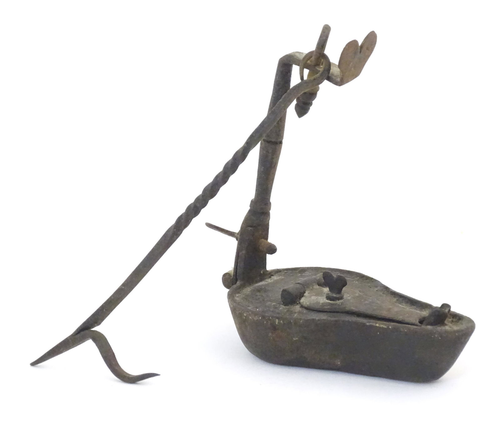 A 19thC cast hanging betty oil lamp. Approx. 12 1/2" high, lamp approx. 4 3/4" wide  Please Note - (1 of 6)