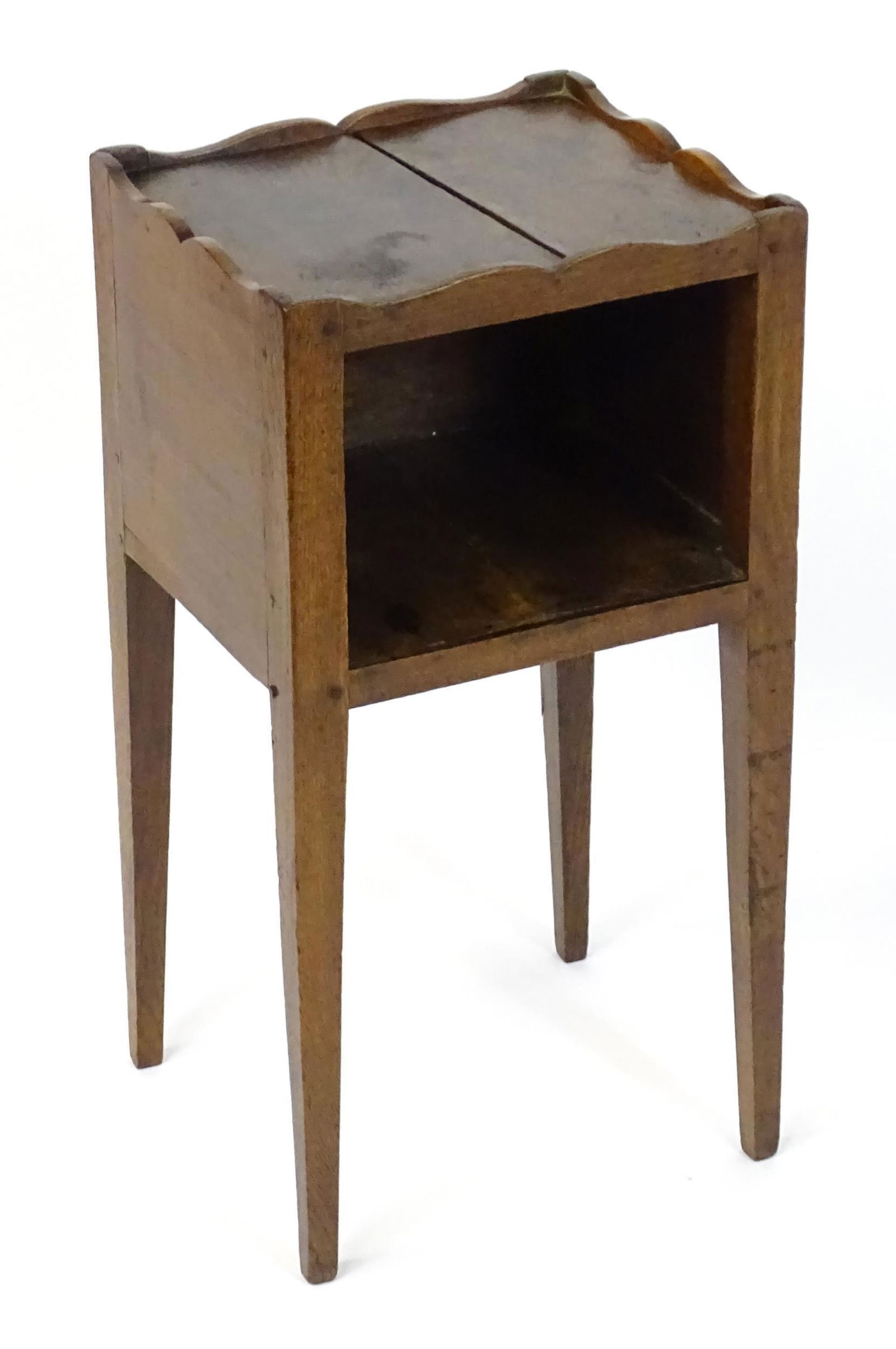 A late 18thC / early 19thC oak pot cupboard, bedside cabinet, with a shaped upstand above a peg (1 of 6)