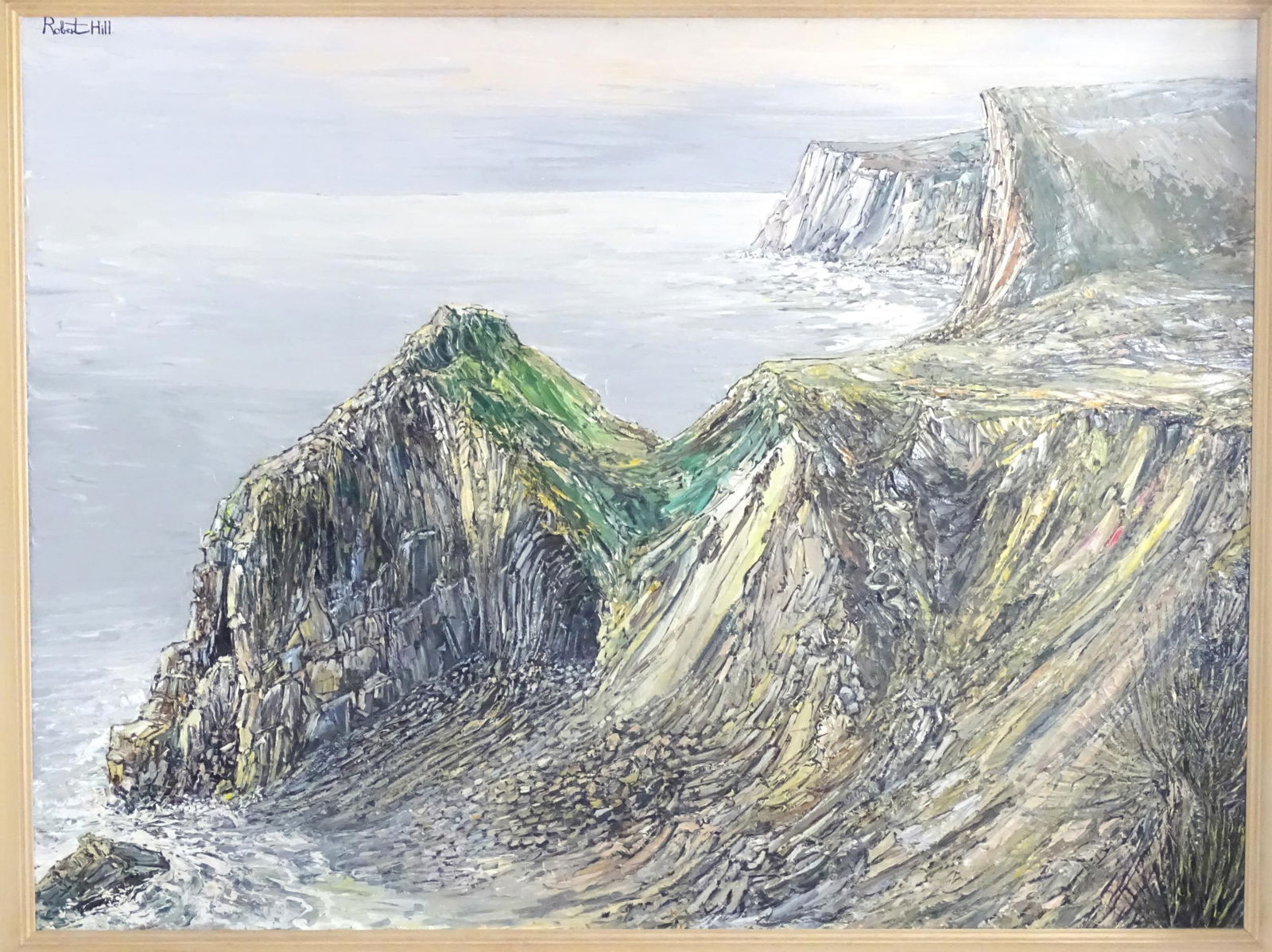 Robert William Hill (1932-1990), Oil on board, A seascape with the White Cliffs of Dover. Signed: Robert William Hill (1932-1990), Oil on board, A seascape with the White Cliffs of Dover. Signed upper left. Approx. 35 3/4" x 47 3/4" Please Note - we do not make reference to the condition of lots w
