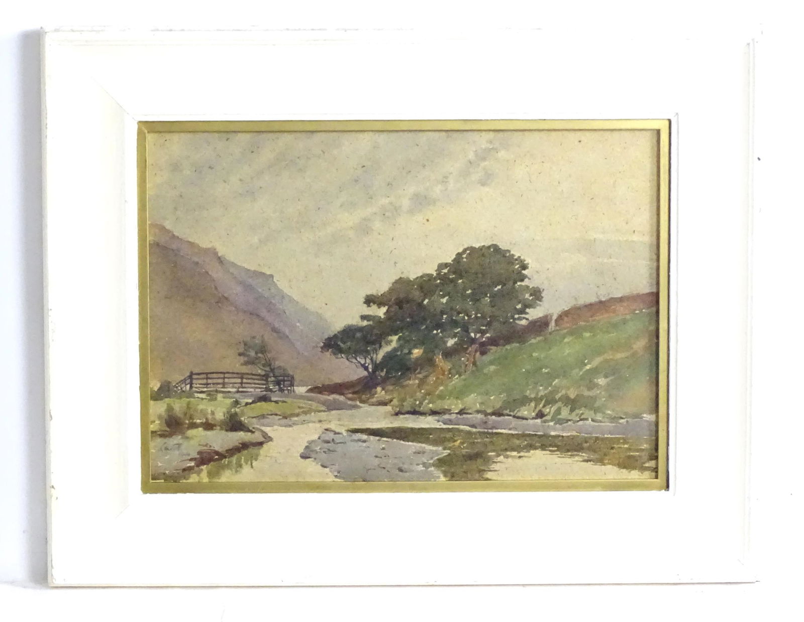 Edward Barnard Lintott (1875-1951), Watercolour, A river valley landscape with wooden bridge. Signed: Edward Barnard Lintott (1875-1951), Watercolour, A river valley landscape with wooden bridge. Signed and dated 1920 lower left. Approx. 9 1/2" x 14" Please Note - we do not make reference to the condi
