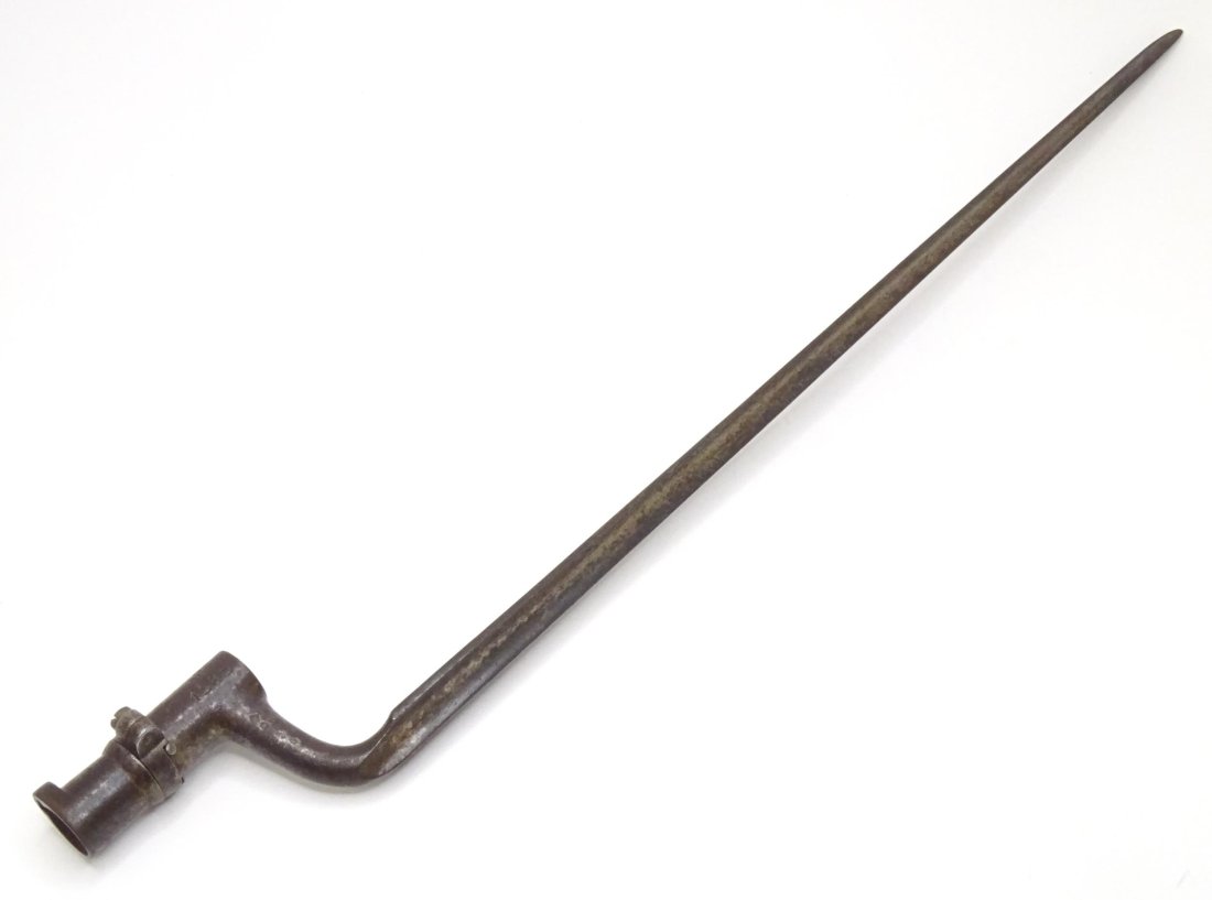 Militaria: a 19thC Belgian AN IX socket bayonet, the triform steel blade with various armourer's: Militaria: a 19thC Belgian AN IX socket bayonet, the triform steel blade with various armourer's marks, serial number 'Q1282' and maker's stamp 'PJL' (P.J. Malherbe Liege.) Approx 21" longPlease Note 
