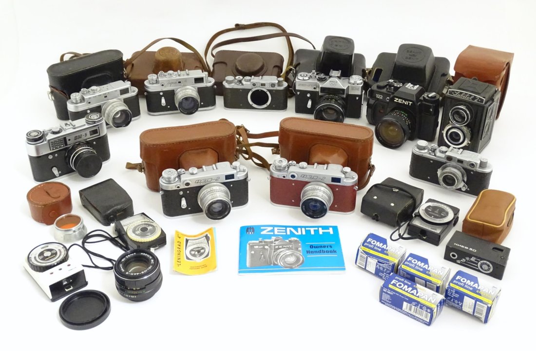 A quantity of 20thC Russian / Soviet cameras and equipment to include a Zorki-4 camera, a Fed-5 (1 of 10)