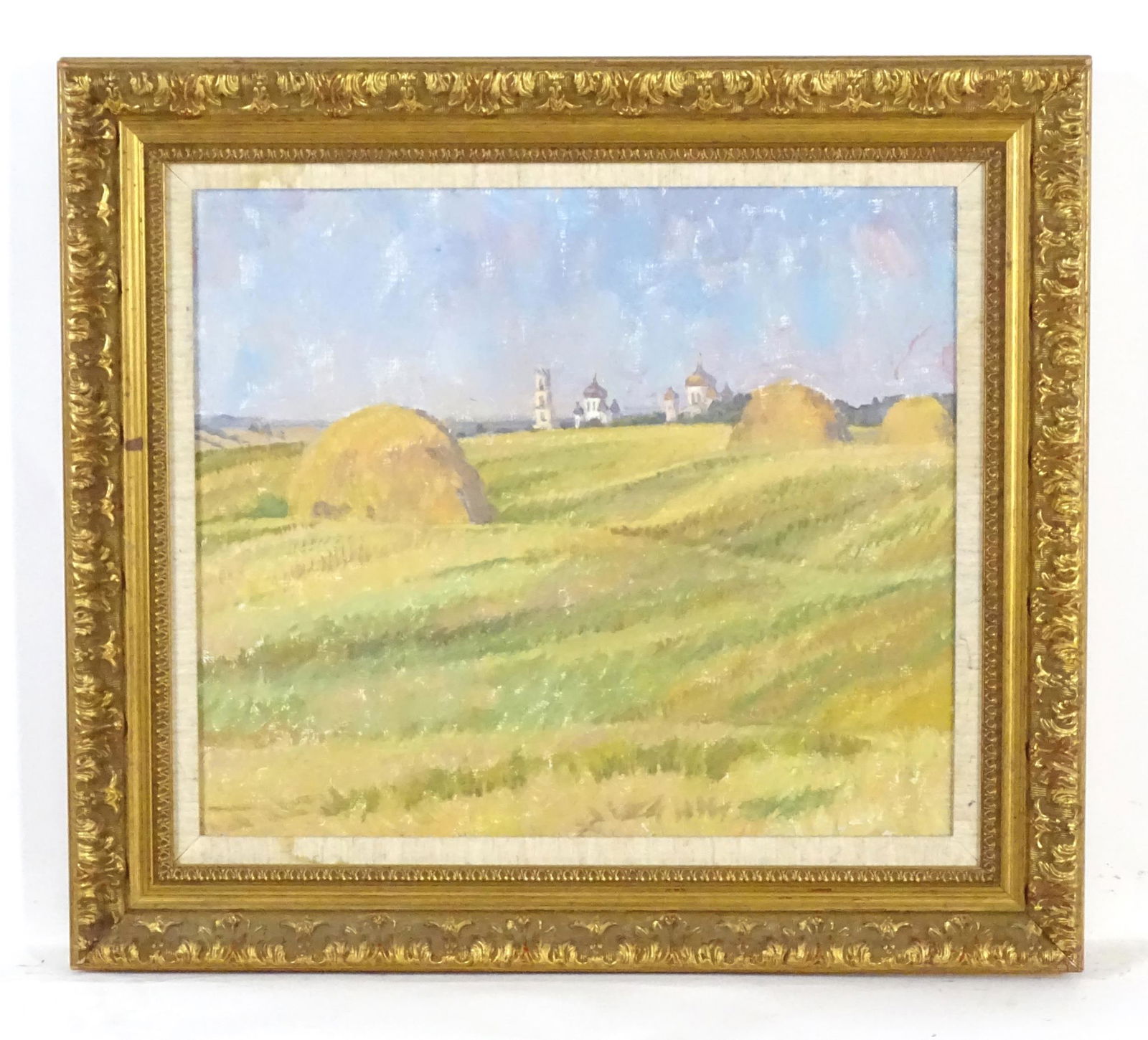 E. V. Perhun, 20th century, Russian School, Oil on canvas, A landscape with haystacks and Orthodox (1 of 3)