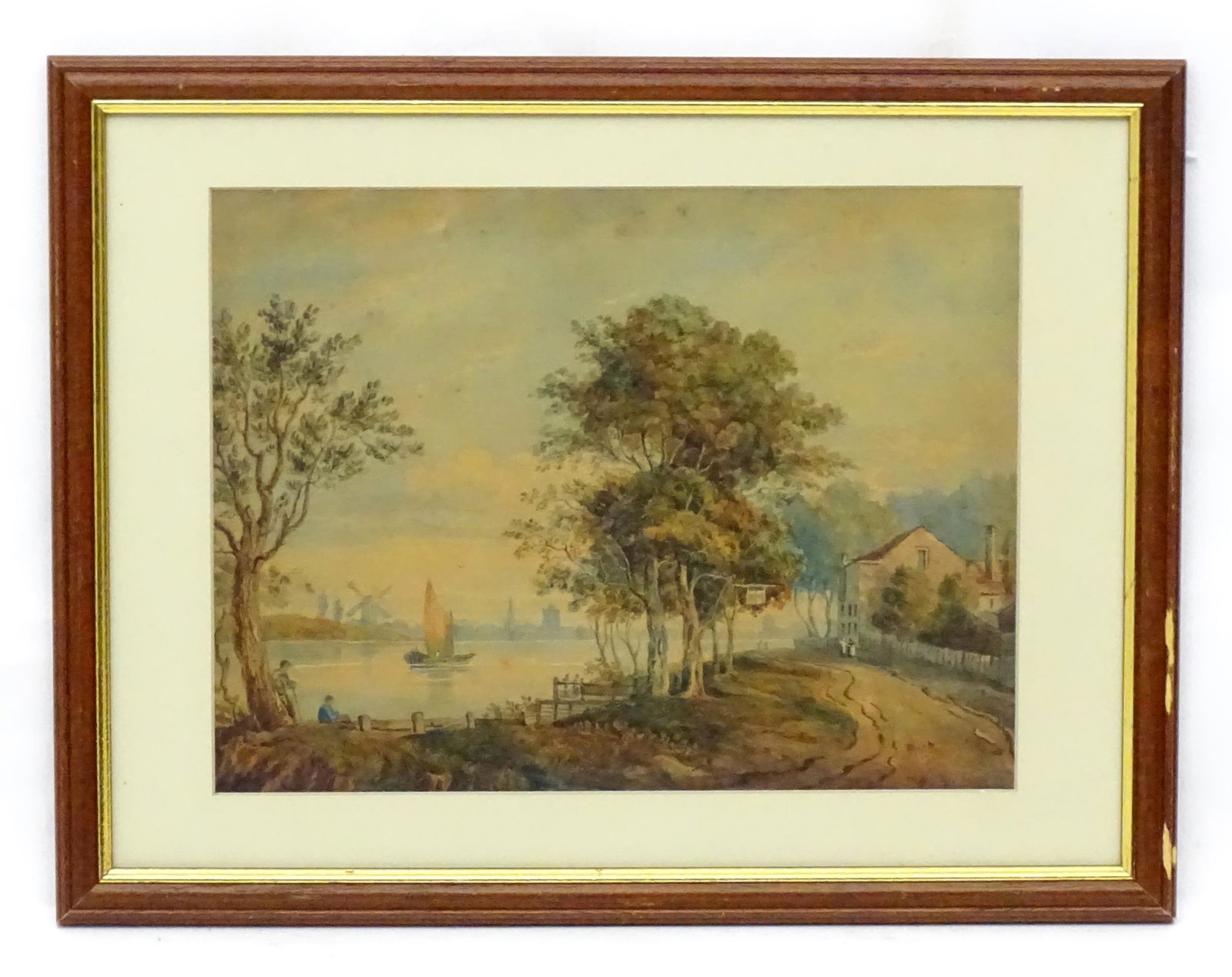 John Varley (1778-1842), Watercolour, A view of the River Thames at Isleworth with a boat on the: John Varley (1778-1842), Watercolour, A view of the River Thames at Isleworth with a boat on the water, figures on the bank and windmill beyond. Ascribed verso. Approx. 9 1/2" x 12 1/4"Please Note - w