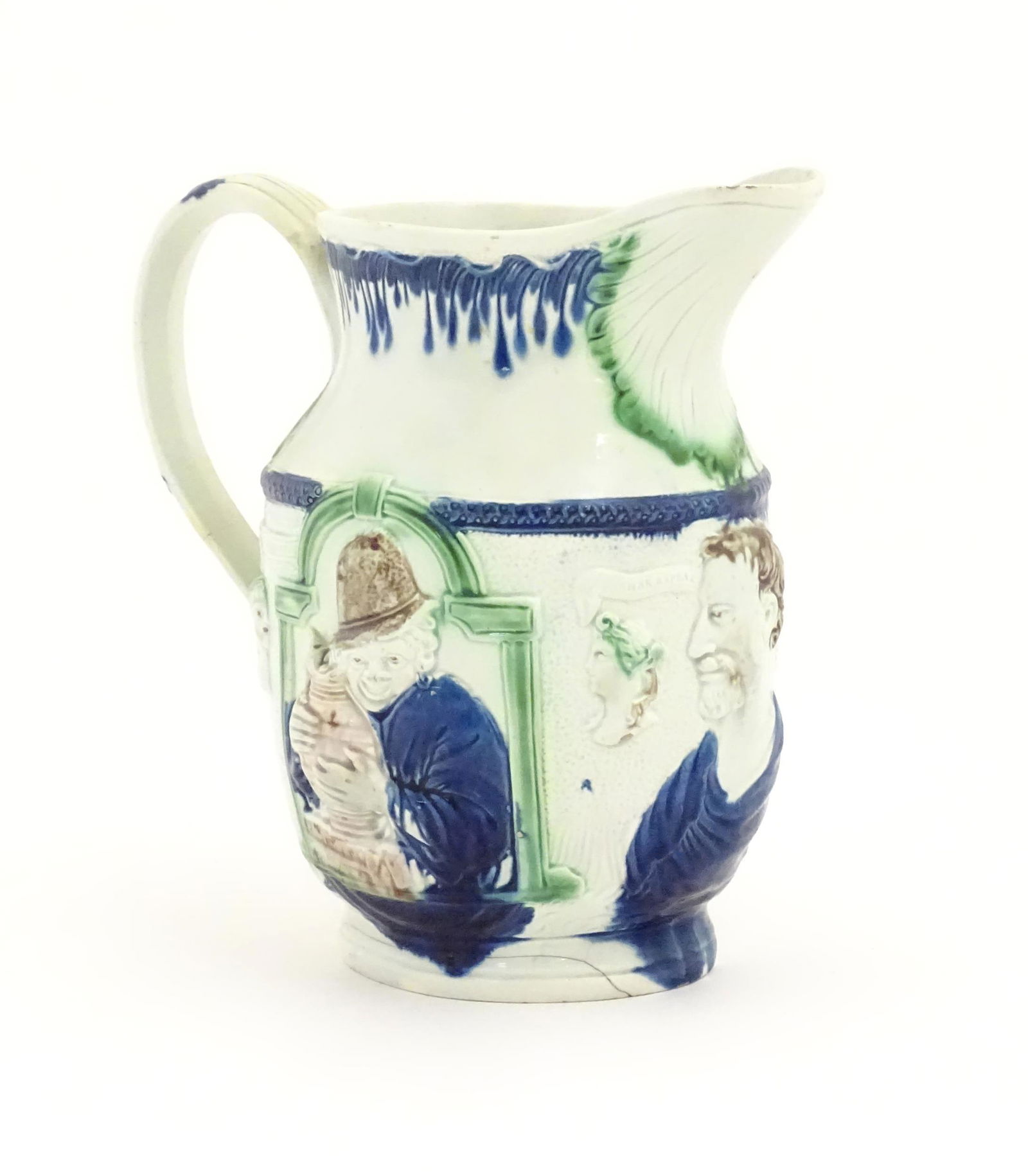 A 19thC Shakespeare jug decorated in Pratt colours and decorated in relief with portraits of the (1 of 6)