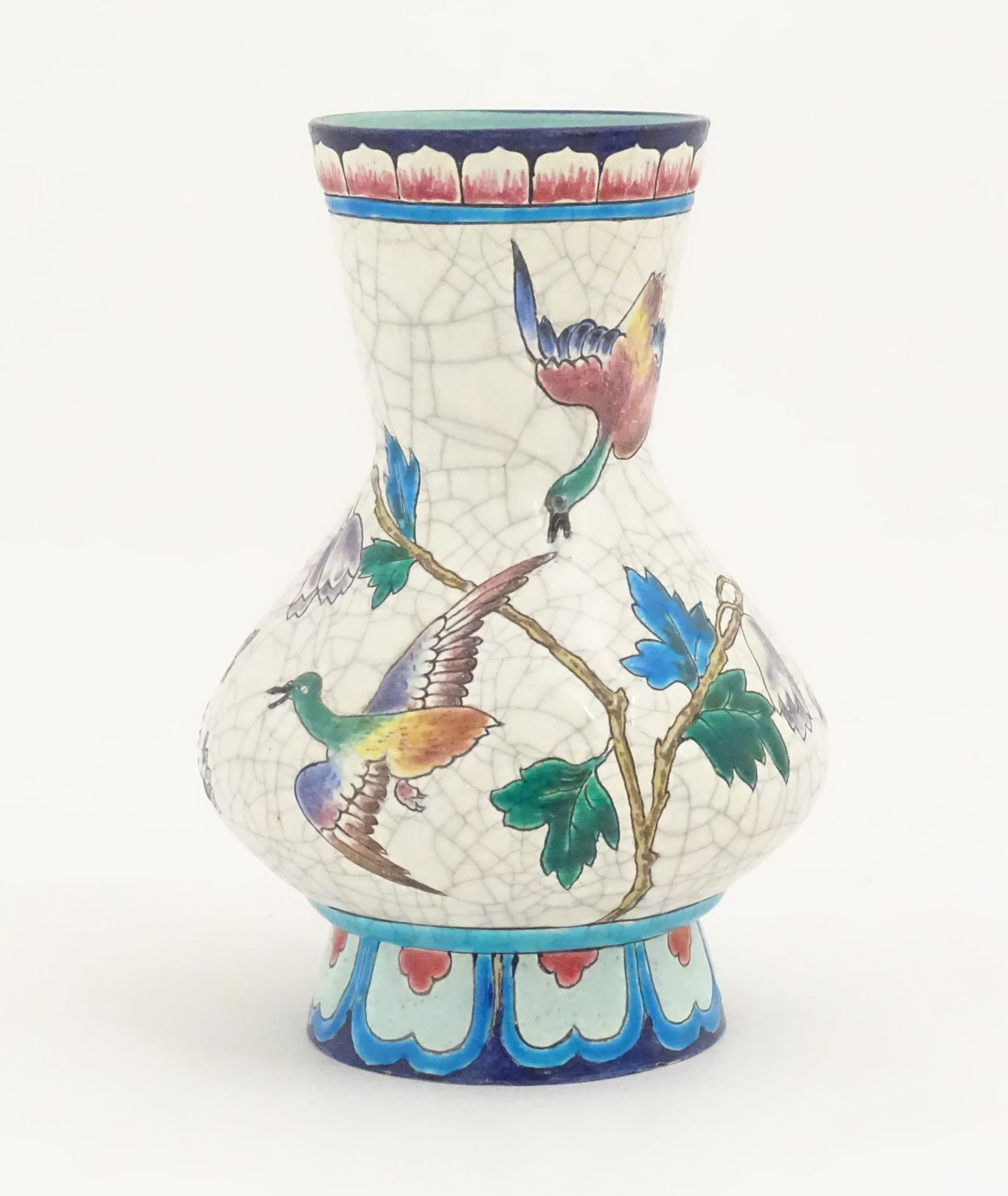 A Longwy vase, the crackle glaze decorated with birds, flowers and foliage. Marked under Longwy 1088 (1 of 7)
